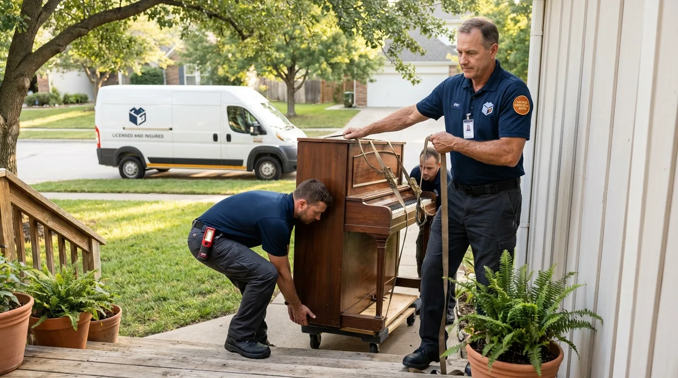 Licensed piano movers securing grand piano in Cary, IL