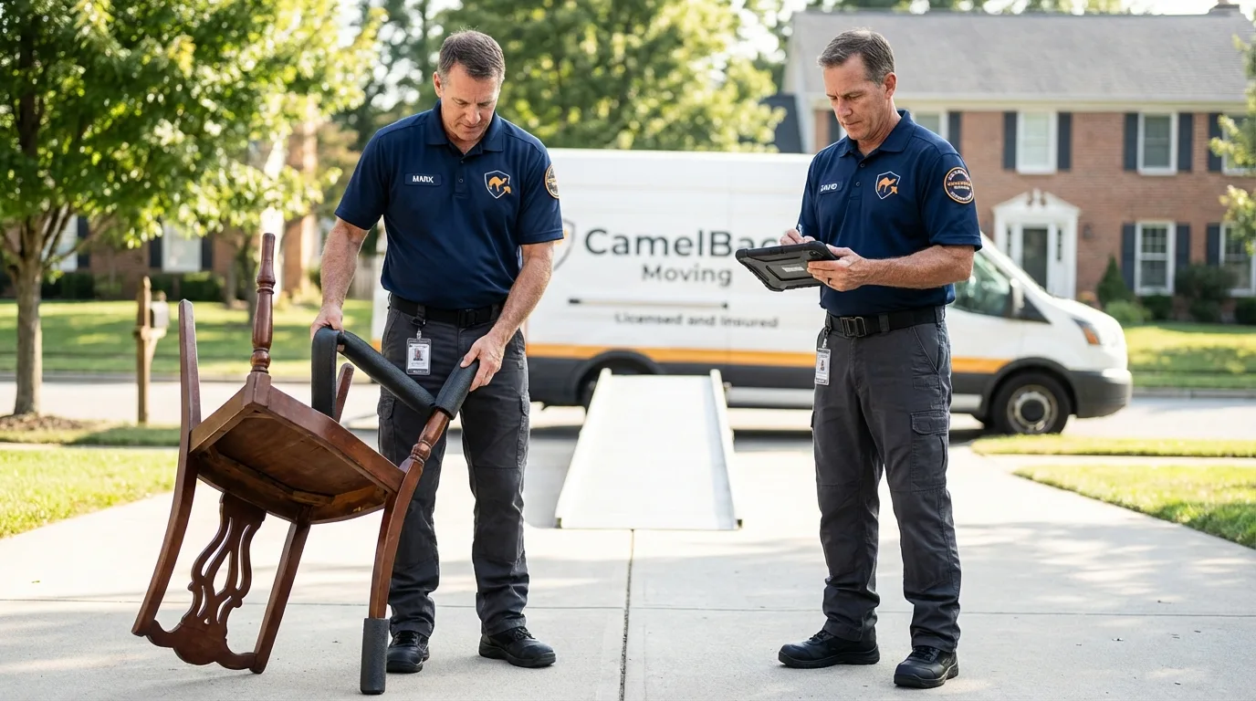 Movers inspecting furniture for damage prevention before loading in Cary, IL